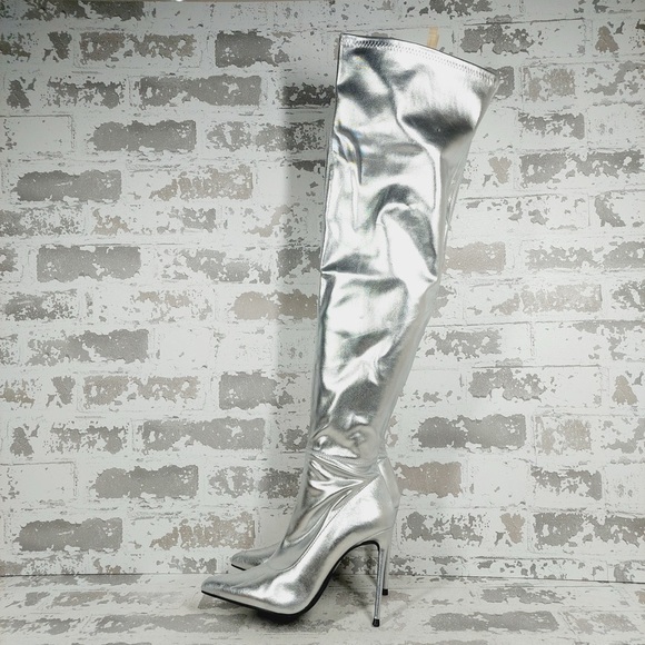 Wild Diva Shoes - NEW Wild Diva Lounge Shaya Silver Pointy Toe High Heeled Over-the-knee Boot M30